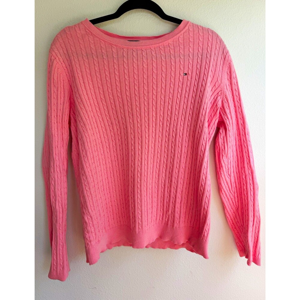 Tommy Hilfiger Pink Solid Cable-Knit Crew Neck Cotton Pullover Sweater L